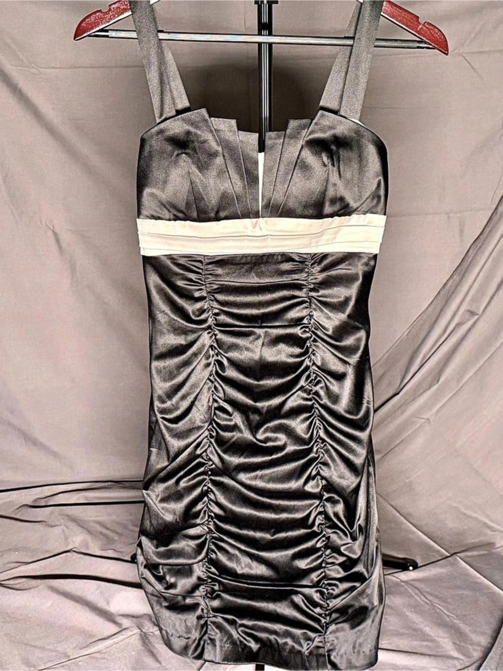 Ruby Rox Black Satin Ruched Mini Cocktail Dress White Empire Trim Size 1